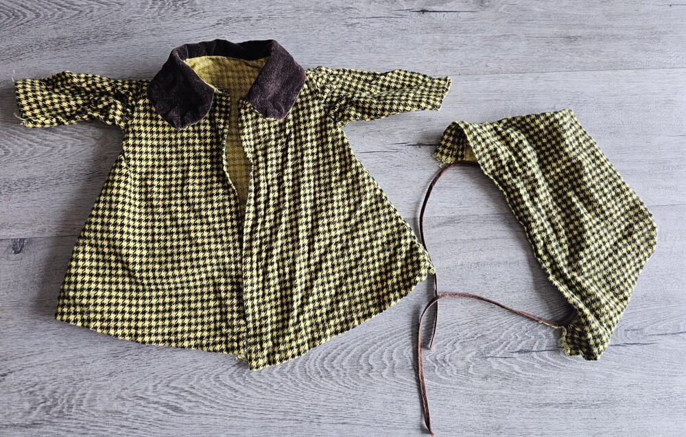 Vtg Baby Or Doll Newborn Handmade Houndstooth Dress Coat & Bonnet Sherlock #28